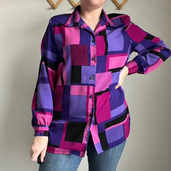 Vintage Allison Daley Pink, Purple and Black Button Up Blouse Size 12 - Picture 1 of 10
